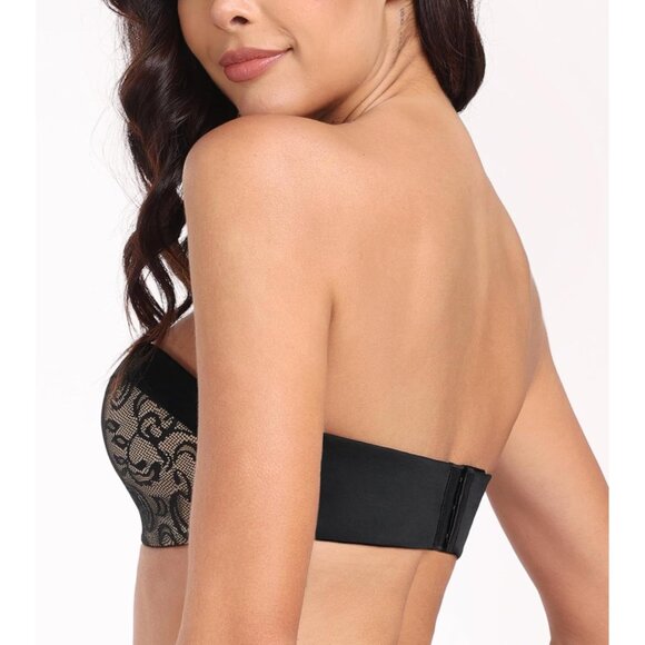 Women's Jacquard Black Strapless Bra Push Up Anti-slip Lift Up Wirefree Bra - Picture 3 of 7
